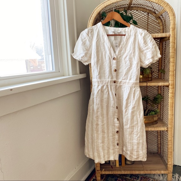 Dresses & Skirts - Loft NWT Striped Puff Sleeves Linen Blend Button Down Dress✨
